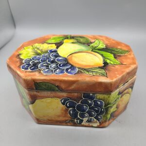 Mexican Mayolica Covered Trinket Box Santa Rose Ceramic Hand Painted Fruits 7"